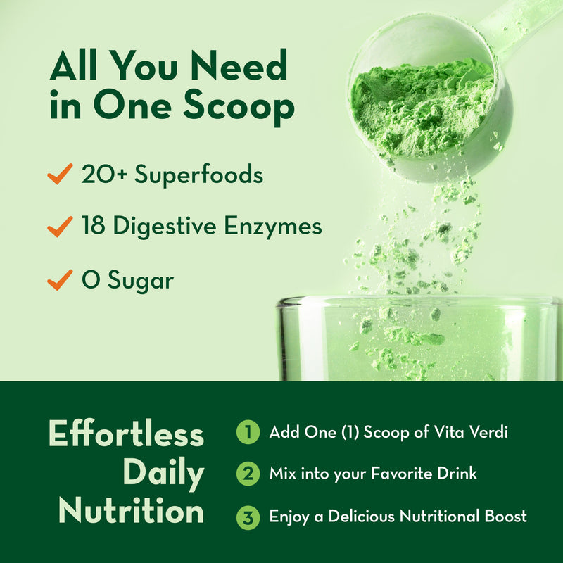 Vita Virdi Organic Greens | 20+ Superfoods & 18 Digestive Enzymes | 0g Sugar | Unflavored | USDA Organic, Non-GMO, Vegan | Daily Wellness & Nutrition Supplement