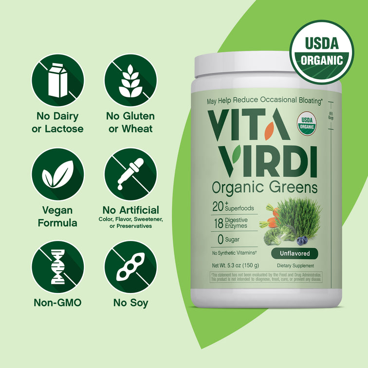 Vita Virdi Organic Greens | 20+ Superfoods & 18 Digestive Enzymes | 0g Sugar | Unflavored | USDA Organic, Non-GMO, Vegan | Daily Wellness & Nutrition Supplement