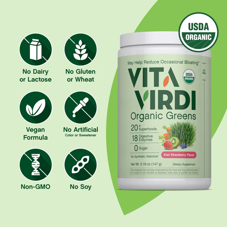 Vita Virdi Organic Greens | 20+ Superfoods & 18 Digestive Enzymes | 0g Sugar | Kiwi Strawberry | USDA Organic, Non-GMO, Vegan | Daily Wellness & Nutrition Supplement