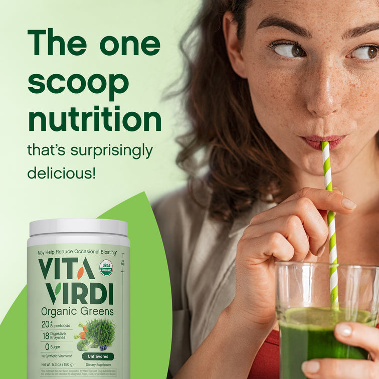 Vita Virdi Organic Greens | 20+ Superfoods & 18 Digestive Enzymes | 0g Sugar | Unflavored | USDA Organic, Non-GMO, Vegan | Daily Wellness & Nutrition Supplement