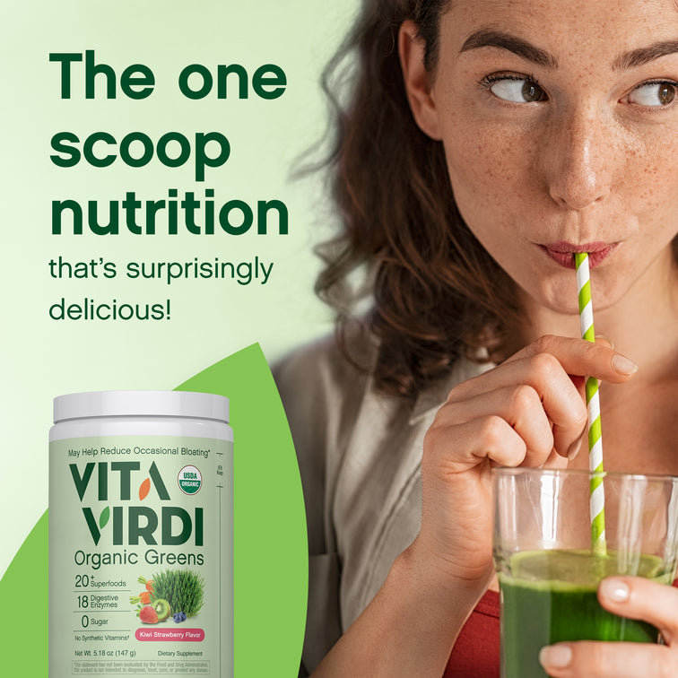 Vita Virdi Organic Greens | 20+ Superfoods & 18 Digestive Enzymes | 0g Sugar | Kiwi Strawberry | USDA Organic, Non-GMO, Vegan | Daily Wellness & Nutrition Supplement