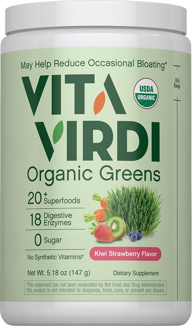 Vita Virdi Organic Greens | 20+ Superfoods & 18 Digestive Enzymes | 0g Sugar | Kiwi Strawberry | USDA Organic, Non-GMO, Vegan | Daily Wellness & Nutrition Supplement