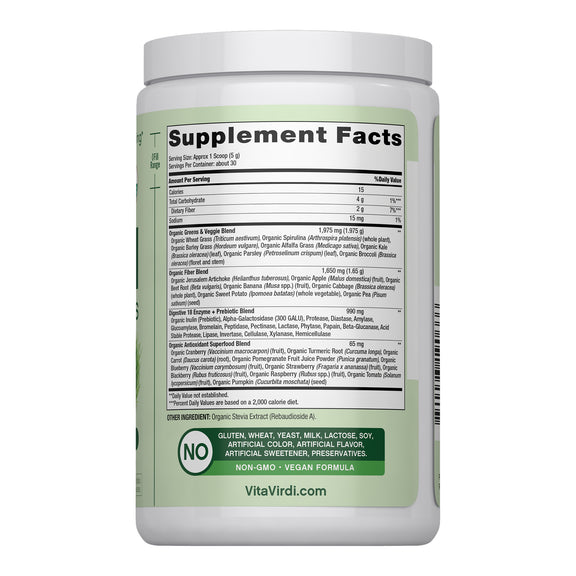 Vita Virdi Organic Greens | 20+ Superfoods & 18 Digestive Enzymes | 0g Sugar | Unflavored | USDA Organic, Non-GMO, Vegan | Daily Wellness & Nutrition Supplement