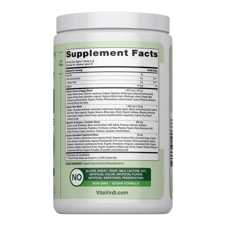 Vita Virdi Organic Greens | 20+ Superfoods & 18 Digestive Enzymes | 0g Sugar | Unflavored | USDA Organic, Non-GMO, Vegan | Daily Wellness & Nutrition Supplement