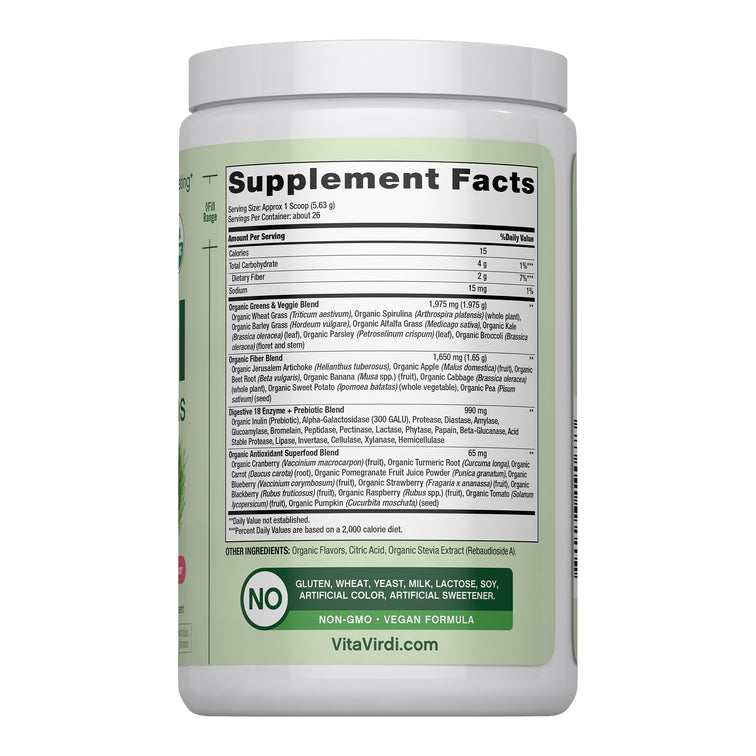 Vita Virdi Organic Greens | 20+ Superfoods & 18 Digestive Enzymes | 0g Sugar | Kiwi Strawberry | USDA Organic, Non-GMO, Vegan | Daily Wellness & Nutrition Supplement