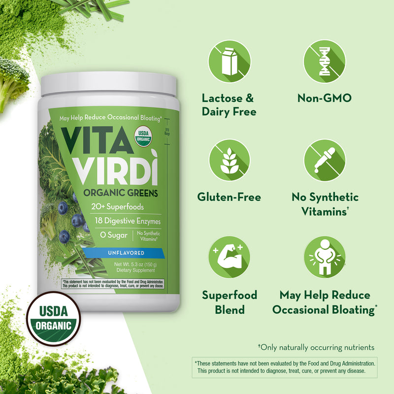 Vita Virdi Organic Greens | 20+ Superfoods & 18 Digestive Enzymes | 0g Sugar | Unflavored | USDA Organic, Non-GMO, Vegan | Daily Wellness & Nutrition Supplement