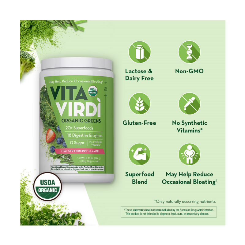 Vita Virdi Organic Greens | 20+ Superfoods & 18 Digestive Enzymes | 0g Sugar | Kiwi Strawberry | USDA Organic, Non-GMO, Vegan | Daily Wellness & Nutrition Supplement