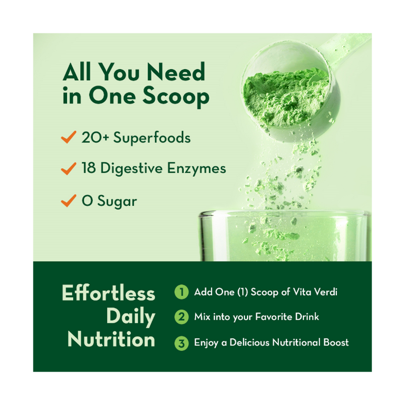 Vita Virdi Organic Greens | 20+ Superfoods & 18 Digestive Enzymes | 0g Sugar | Kiwi Strawberry | USDA Organic, Non-GMO, Vegan | Daily Wellness & Nutrition Supplement
