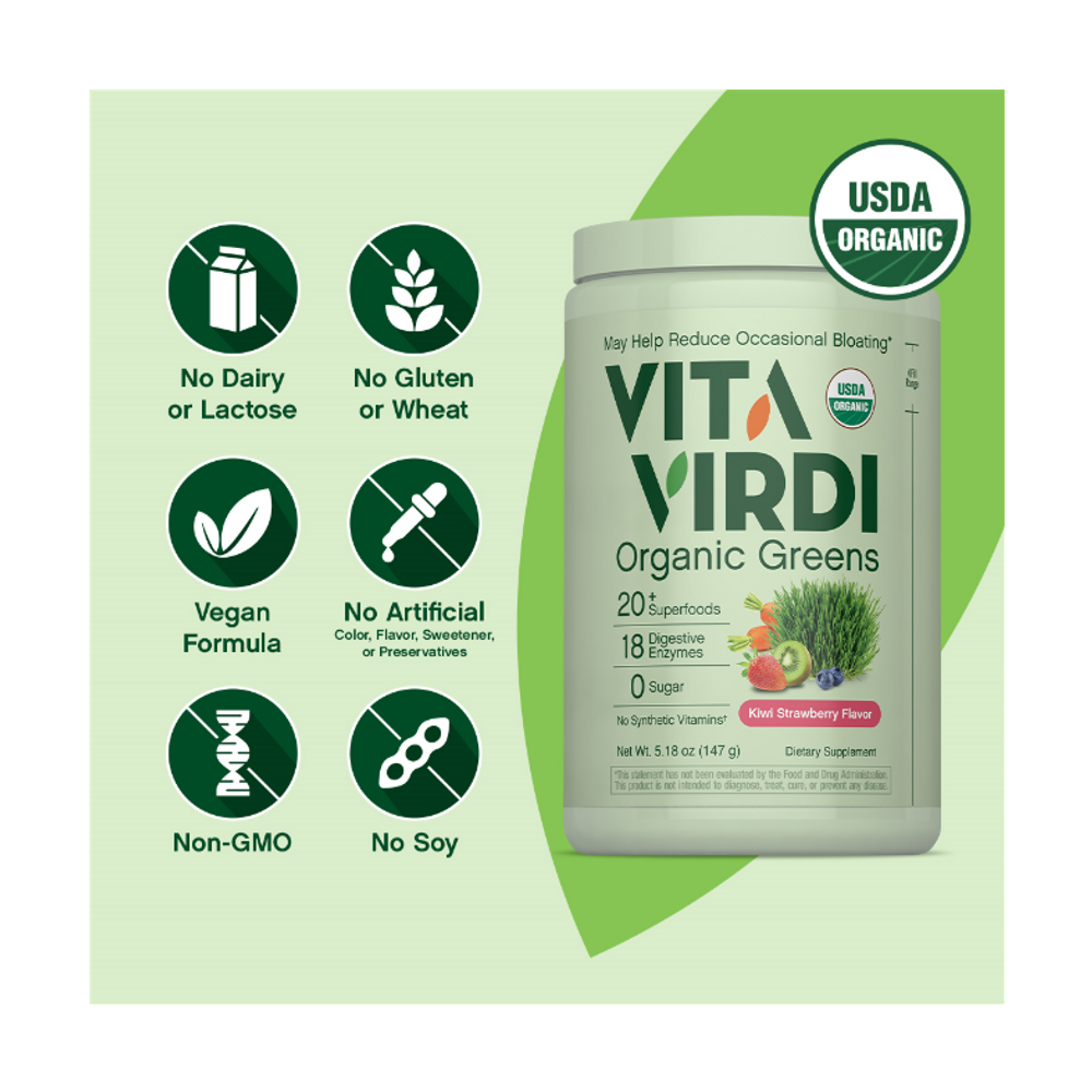 Vita Virdi Organic Greens | 20+ Superfoods & 18 Digestive Enzymes | 0g Sugar | Kiwi Strawberry | USDA Organic, Non-GMO, Vegan | Daily Wellness & Nutrition Supplement